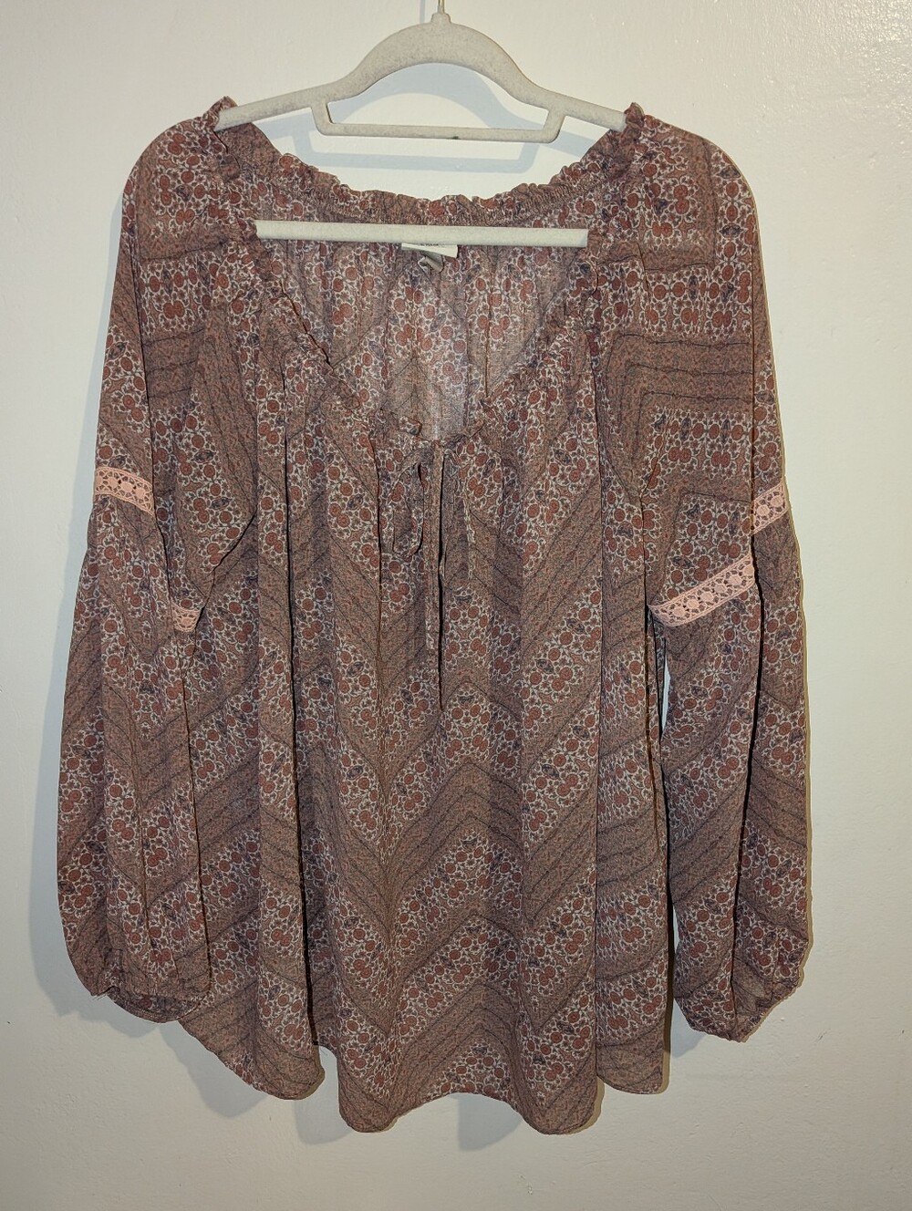 Knox Rose Mauve Floral Boho Tie-Neck Tunic Size XXL